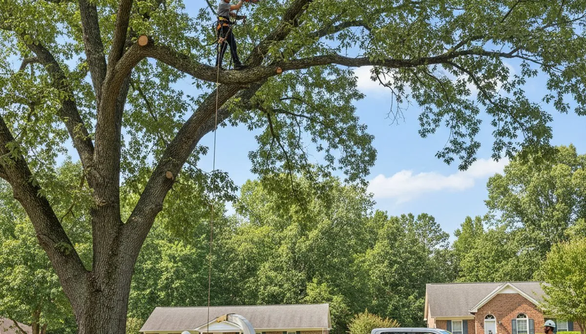 Professional tree removal service crew working safely in Atlanta, GA neighborhood yard